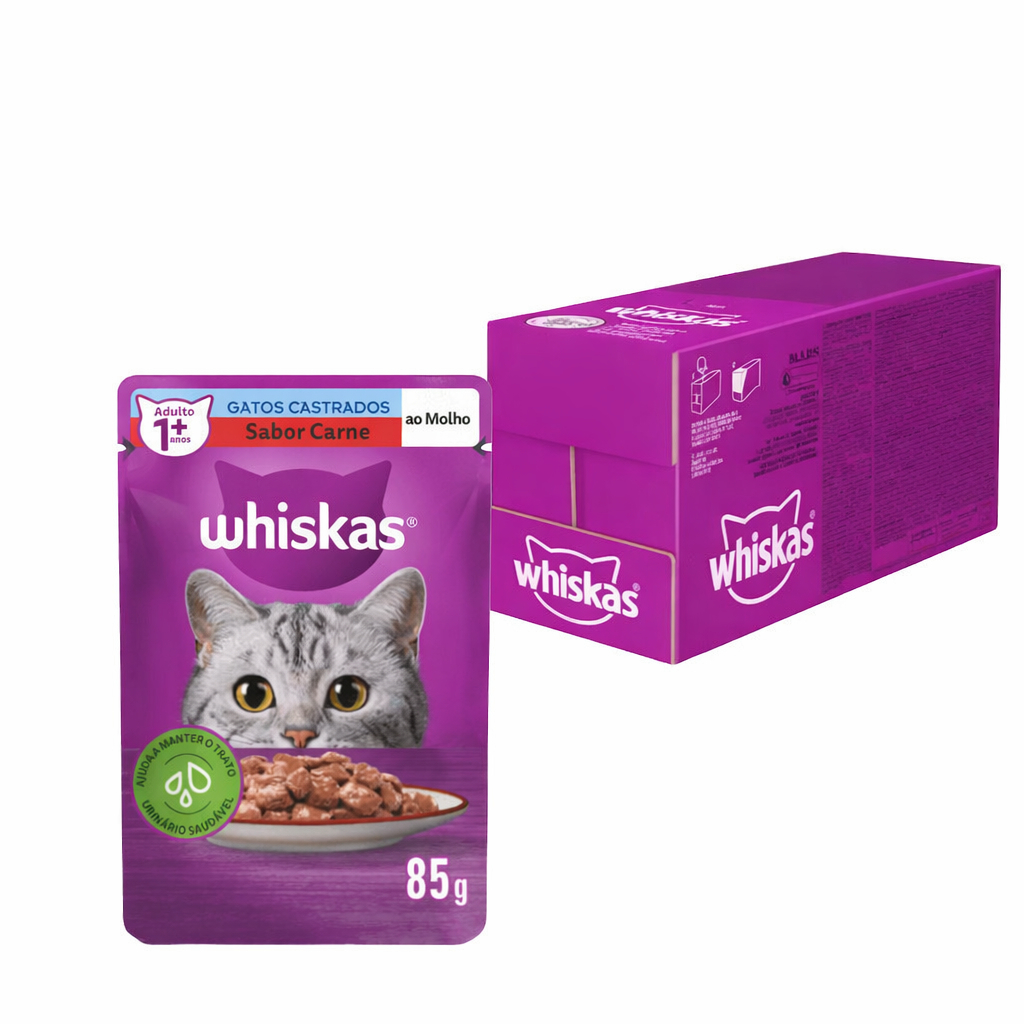 Ração Úmida Whiskas Sachê 85g para Gatos Castrados Sabor Carne ao Molho 1 Unidade