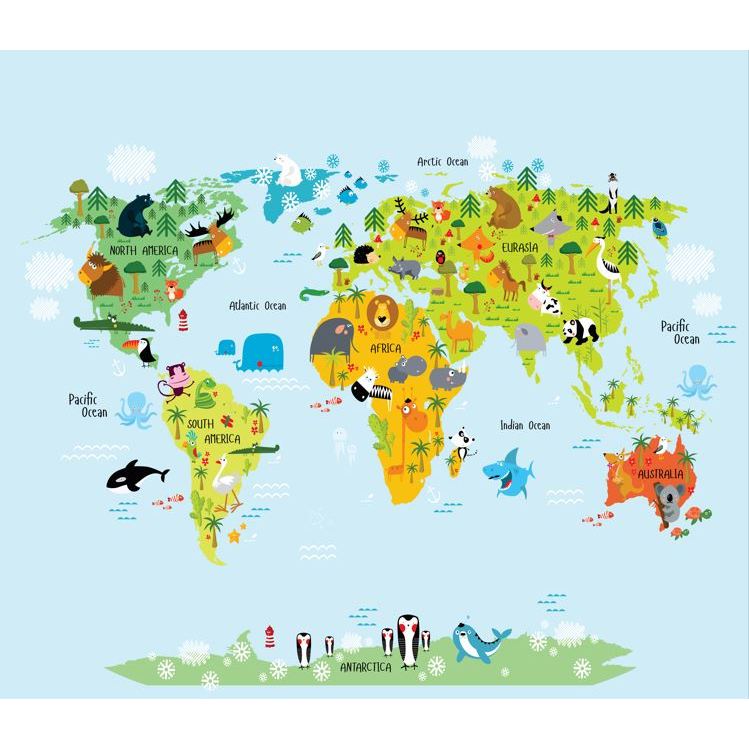 Papel de Parede Infantil Mapa Mundi Educativo Fofo