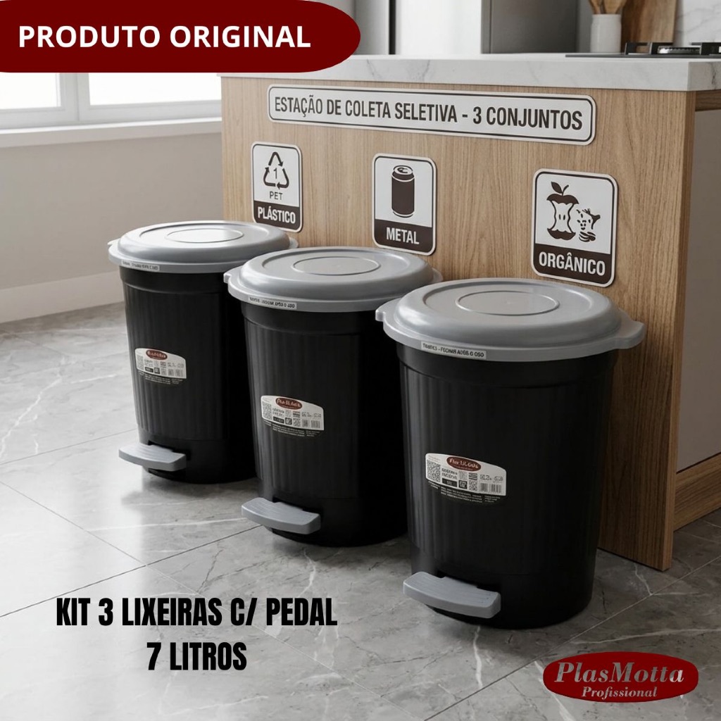 Kit Lixeiras Plástico Pedal Tampa 7 Litros Cesto Lixo Redondo Resistente Escritório Banheiro Cozinha em Oferta na Shopee