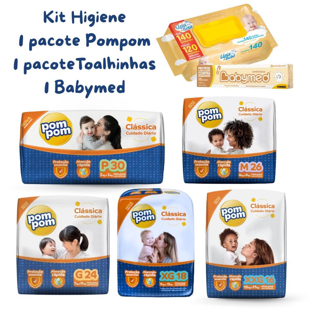 Kit Chá de Bebê Completo Fralda Pompom Lenço Umedecido Pomada Babymed - Escolha o Tamanho