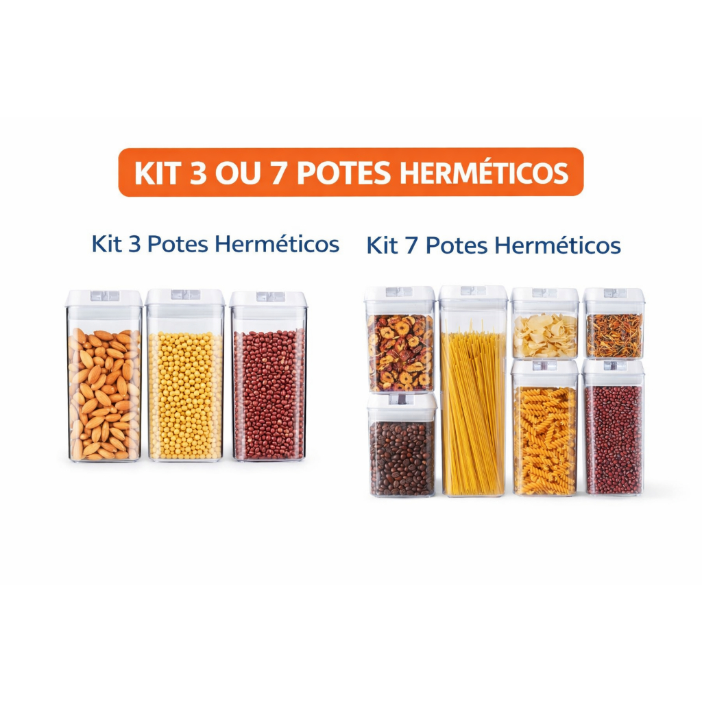 ✨ Kit 3 ou 7 Potes Herméticos Acrílico Transparente Organizador Cozinha Mantimentos Multiuso