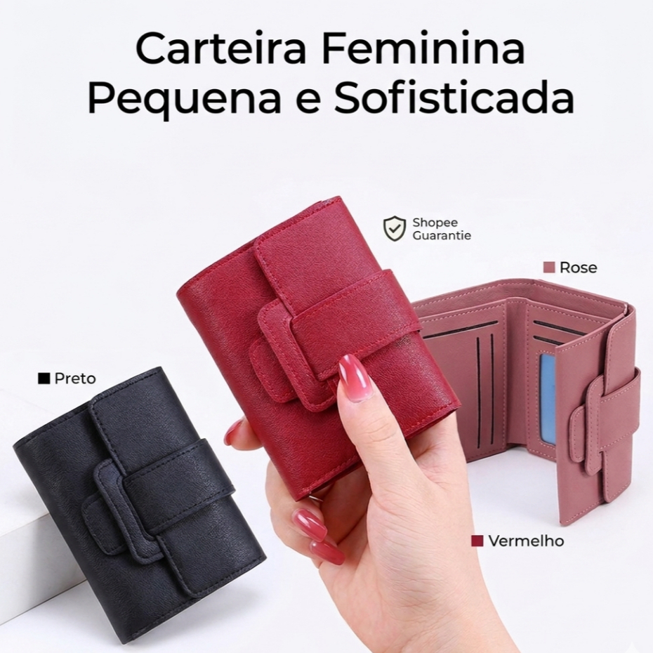 Carteira Feminina Pequena Couro Sintético Elegante Compacta Porta Cartões Moedas Slim Vermelha Preta Rose em Oferta na Shopee