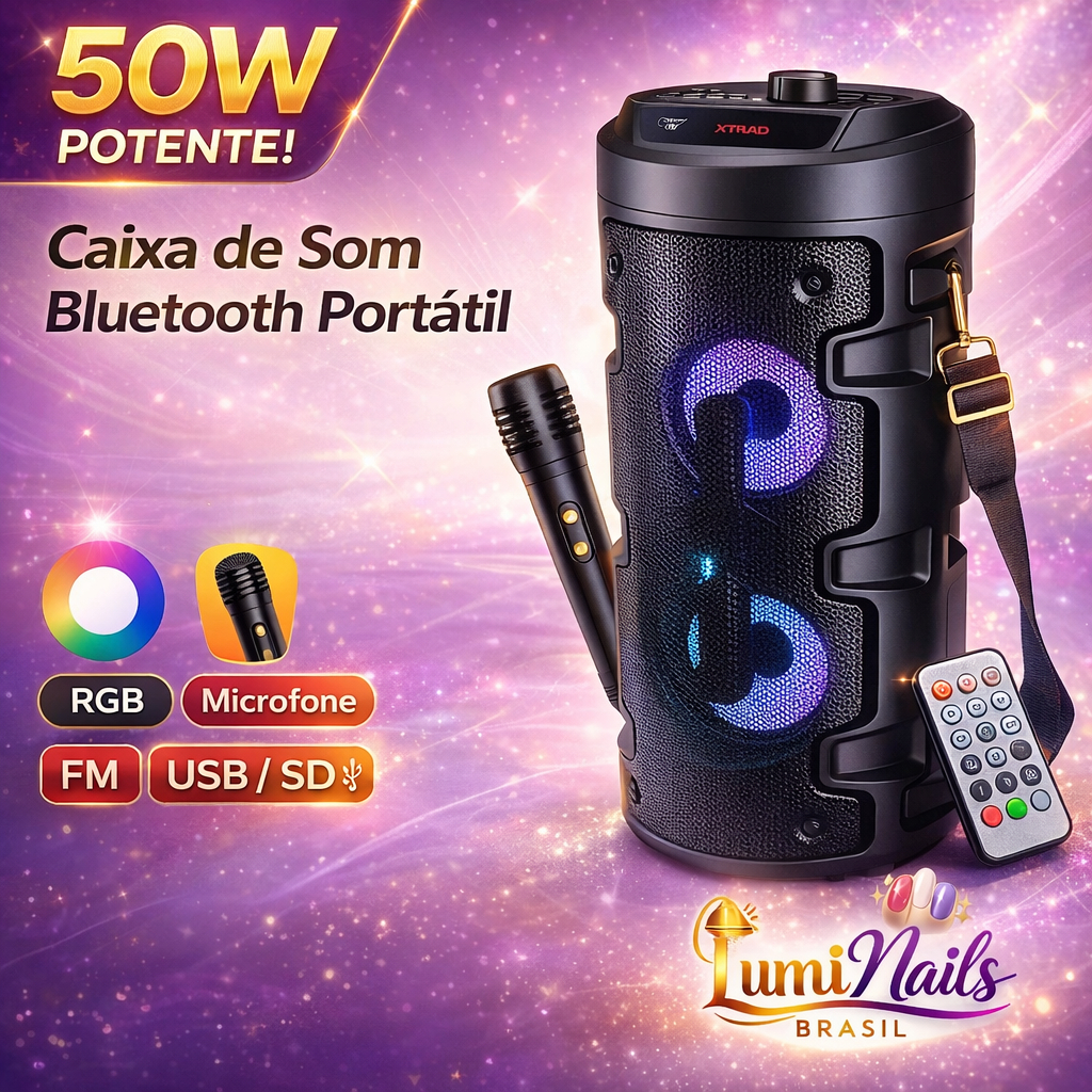 Caixa de Som Bluetooth Portátil 50W RGB com Microfone, FM, USB e SD – XDG-139