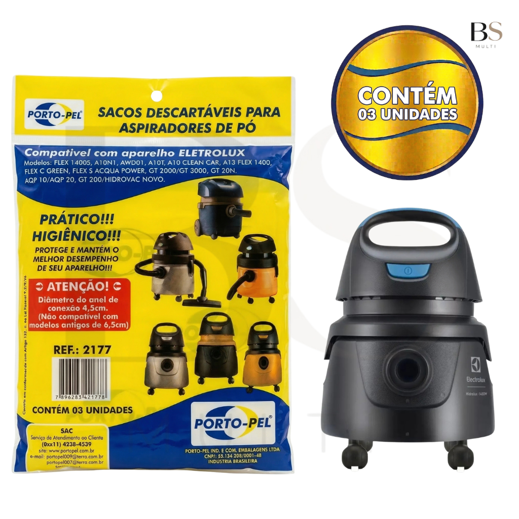 Kit 3 Sacos para Aspirador De Pó Electrolux Flex 1400 Awd01 Aqp20 A10 Smart GT3000 (2177)