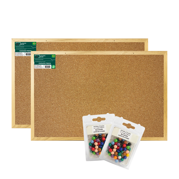 Kit 2 Quadros De Avisos Cortiça Mural De Fotos Recados Souza 90x60 + 120 Alfinetes de Brinde