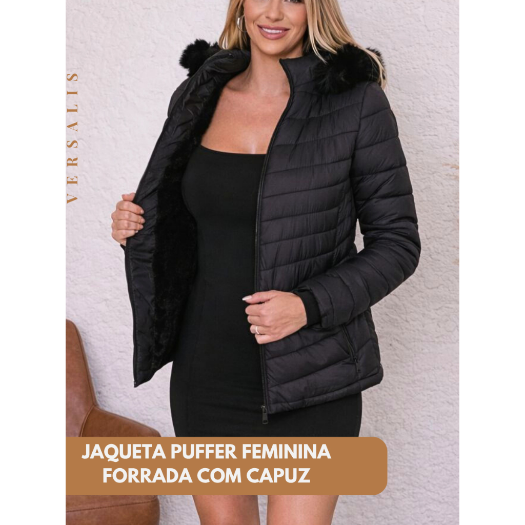 Jaqueta Puffer Peluciada Gominho Feminina com Capuz Pelo Forrada Térmica Inverno Acolchoada Impermeável Bolsos Zíper