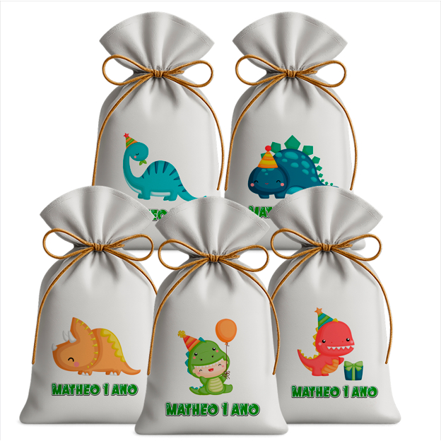 Saquinho Sacolinha Lembrancinha Festa Aniversário Infantil Tecido Personalizado Dino Baby