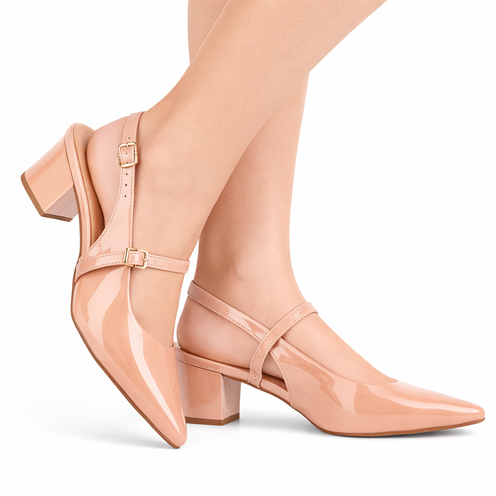 Scarpin Feminino Slingback Salto Bloco Baixo Sapato Social Bico Fino Moda Mary Jane Boneca Fivela