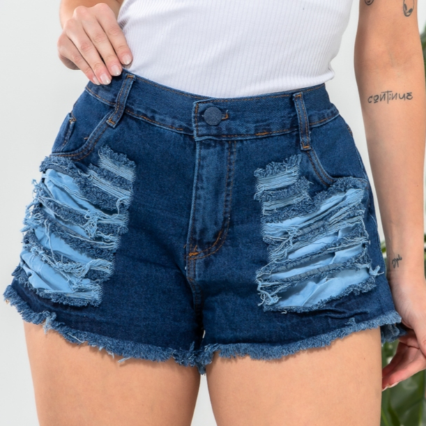 Short Jeans Feminino Cintura Alta Empina Bumbum Detalhes Destroyed Lavagem Escuro