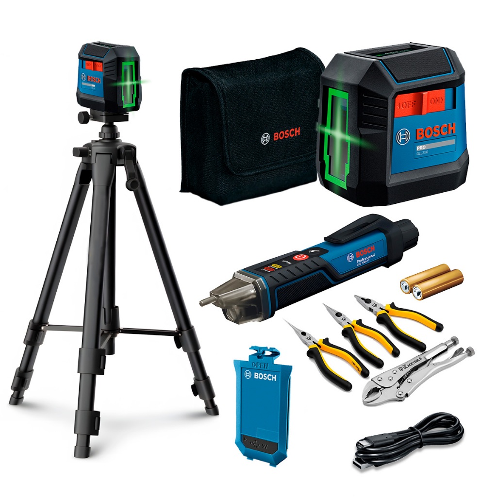 Kit Nível A Laser Verde Cruzado 2 Linhas Bosch C/ Detector De Tensão A Pilhas + Tripé Suporte 5/8 1,20m E 4 Alicates