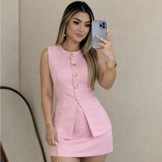 Conjunto Feminino Alfaiataria Colete e Short Saia com Bolso 5 Botões em Oferta na Shopee