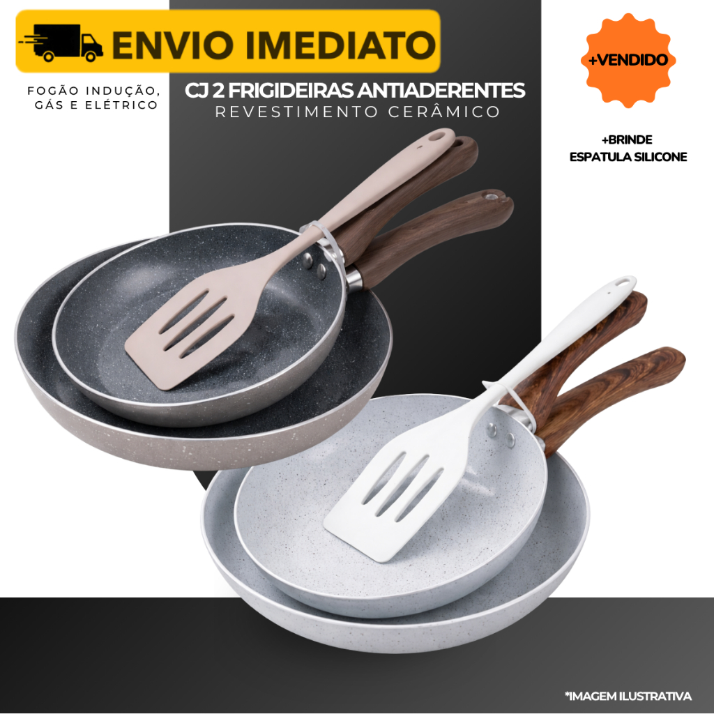 Jogo 2 Frigideiras Indução Gas Antiaderente Cerâmico 20cm 24cm Espátula Silicone