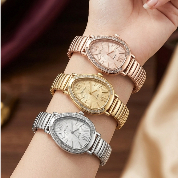 Relógio Feminino Estilo Cobra Oval Cinta Elástica Aço Inoxidável Dourado Rose Prateado Acessórios