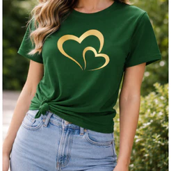 Camiseta Feminina varias Cores Estampa Corações Dourados – 100% Algodão | Conforto e Estilo Casual