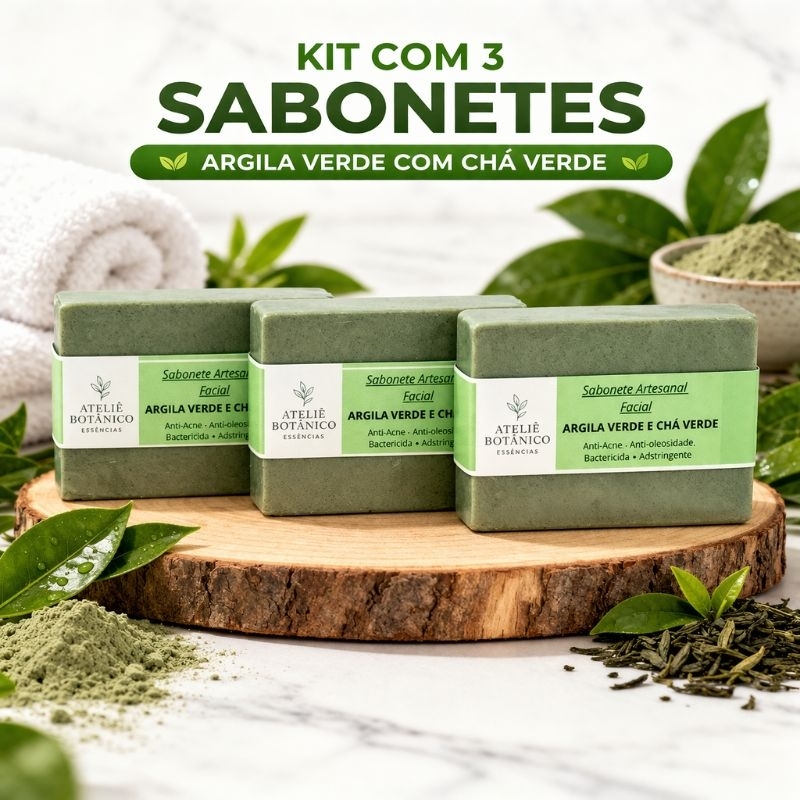 KIT 3 Sabonetes Artesanais Argila Verde com Chá Verde 115g 🌿 Antiacne e Controle da Oleosidade | Facial Natural Vegano