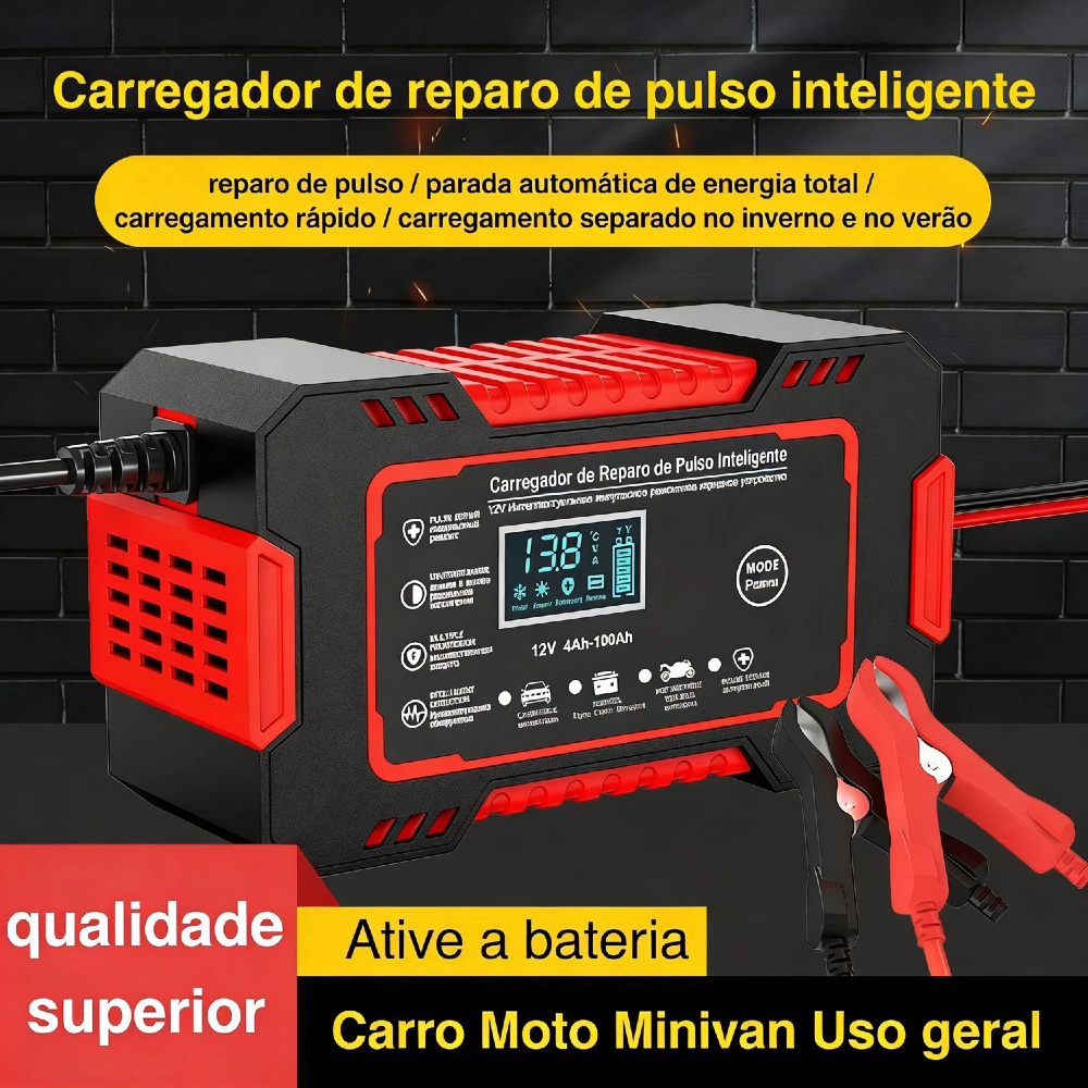 Carregador Bateria 12V 6A Inteligente Bivolt  LCD com Reparação Puls Automático para Chumbo Ácido 4-100Ah em Oferta na Shopee