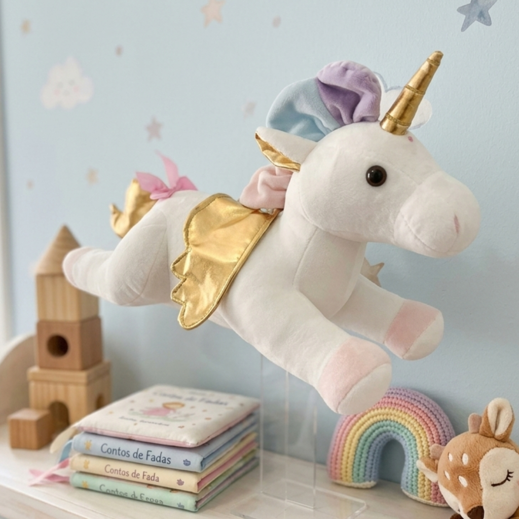 Pelúcia Unicórnio 46cm Deitado Dourado Travesseiro Antialérgico Aveludada Brinquedo Infantil