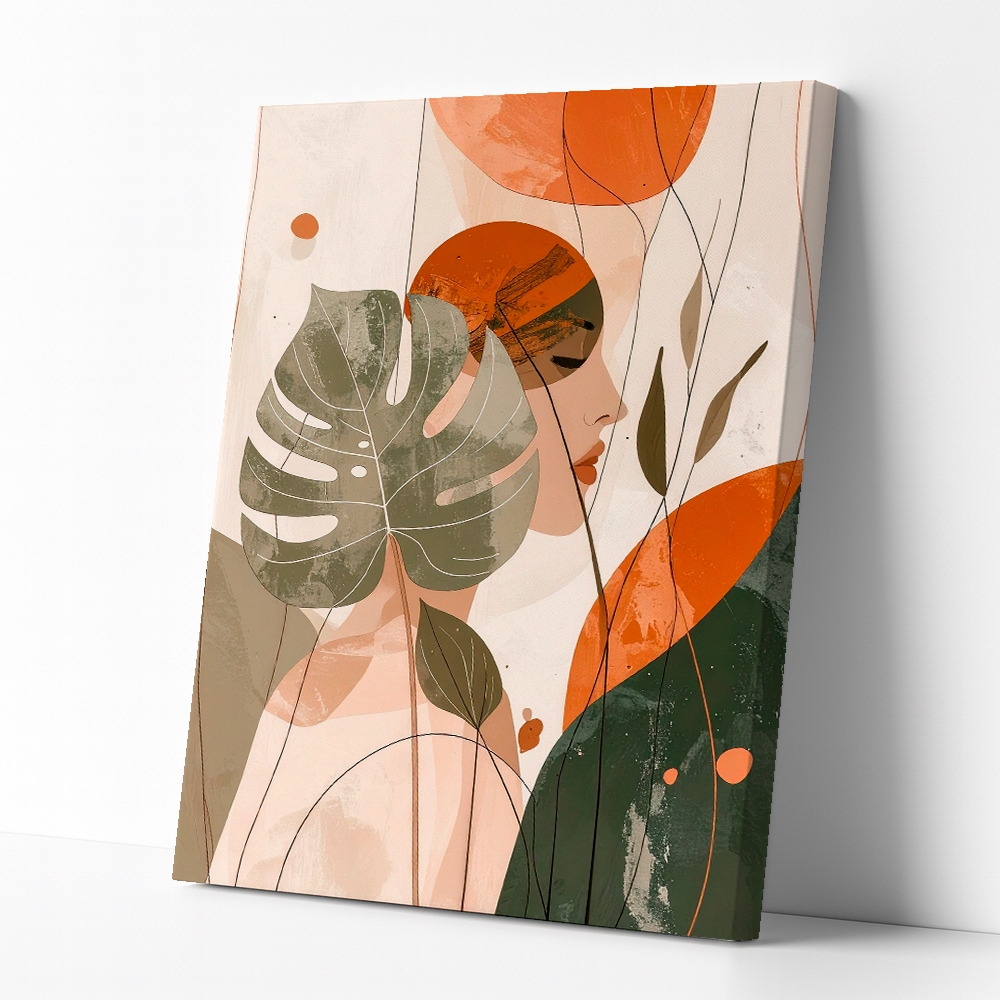 Quadro Mulher Botânica Minimalista – Arte Contemporânea com Folhagem e Tons Naturais