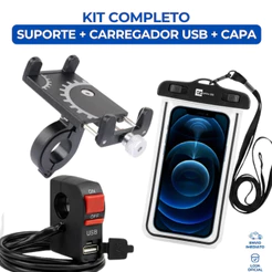 Kit Suporte Celular GPS Alumínio Capa Protetora USB Botão ON/OFF Para Moto e Biclicleta Ajustável