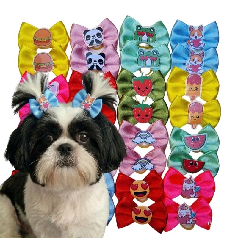 10 Laços Pet M Com Cores e Apliques Sortidos Para Banho e Tosa