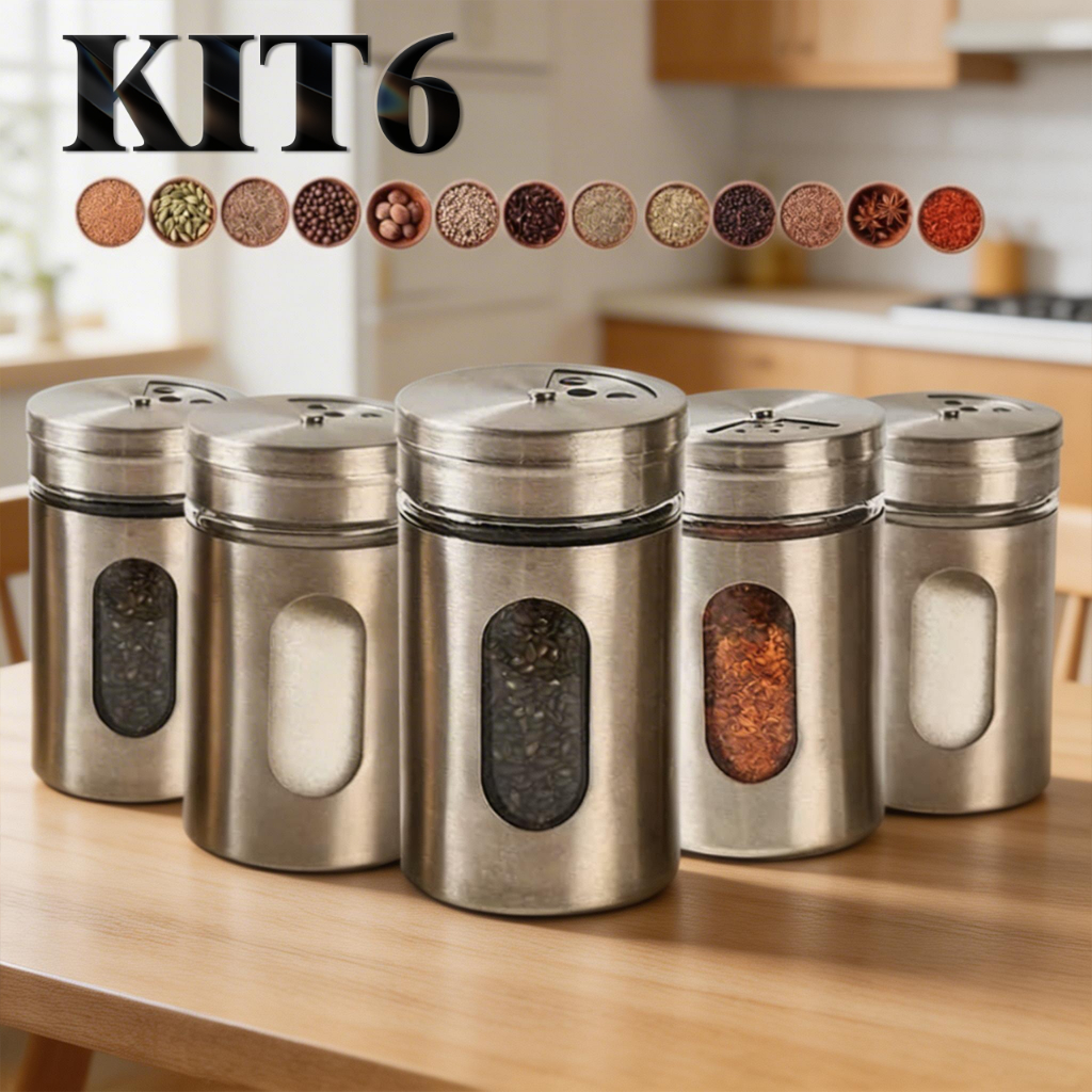 Kit 6 Porta Condimentos Aço Inox para Churrasco Saleiro e Pimenteiro Cozinha