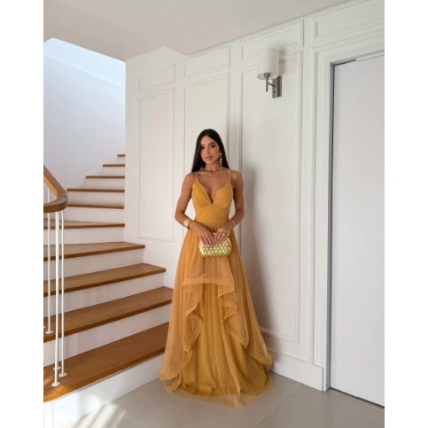 Vestido de Festa Amarelo Com Alça em Tule - Para Madrinhas, Convidadas e Formandas.