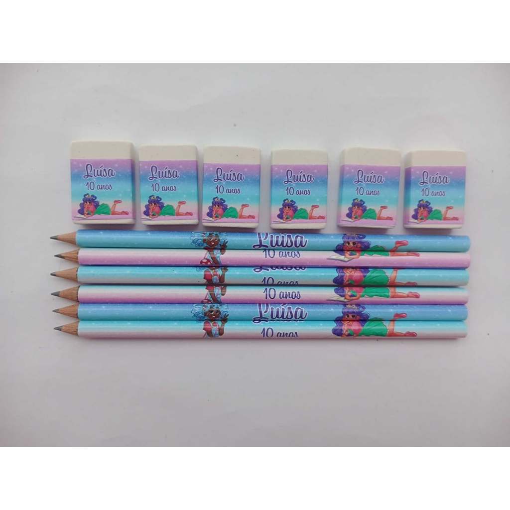 Kit Lápis com Borracha PRINCESA DESASTRADA Personalizado Lembrancinha Festa Futebol Infantil 15/20/30/40 unidades