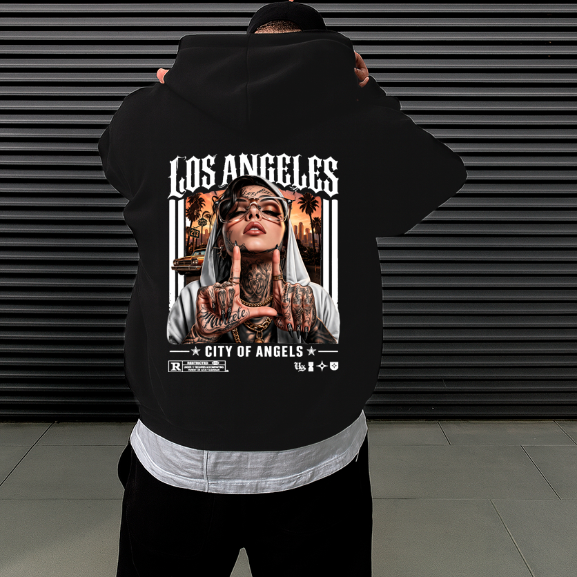 Blusa Moletom Canguru Streetwear LOS ANGELES Unissex Masculino e Feminino Flanelado Blusa de Frio Estampado