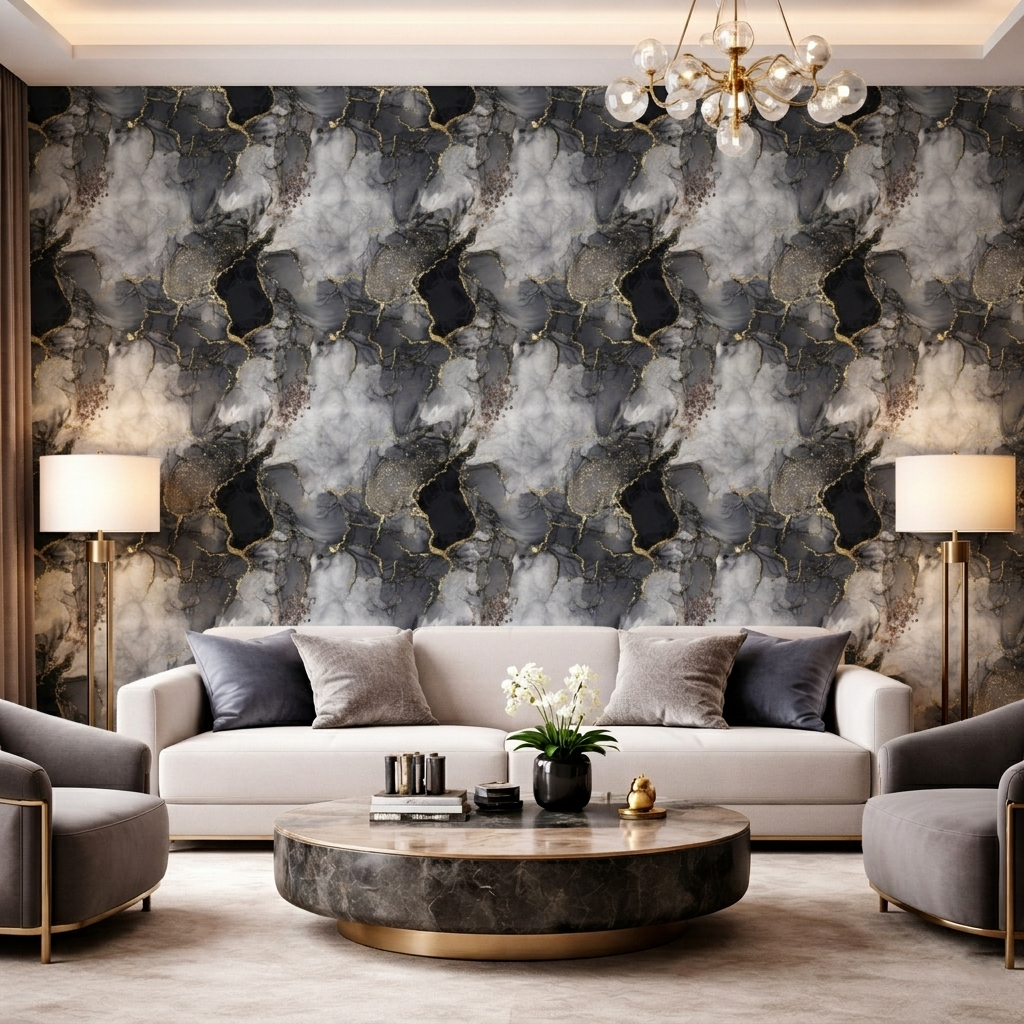 Papel de Parede Adesivo Mármore Preto Black Cinza e Dourado 3D Vinílico Lavável Premium Autocolante
