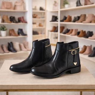 Bota Feminina Preta Cano Curto Fivela Dourada Confortável Salto Baixo Casual Moda Inverno