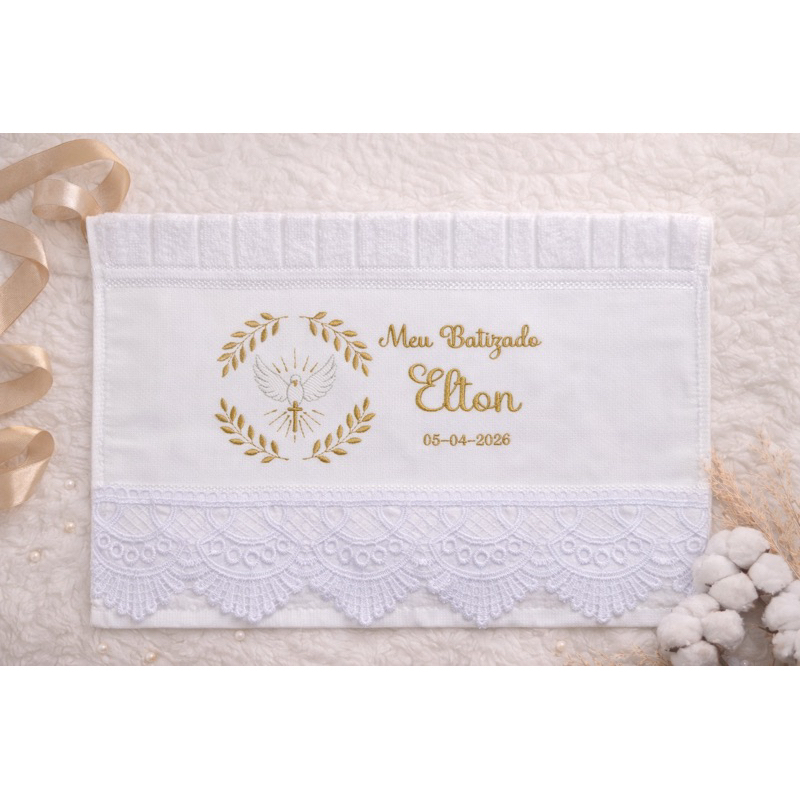 Toalha de Batismo Personalizada Bordada 30x40 Mabber com Renda – LEIA DESCRIÇÃO