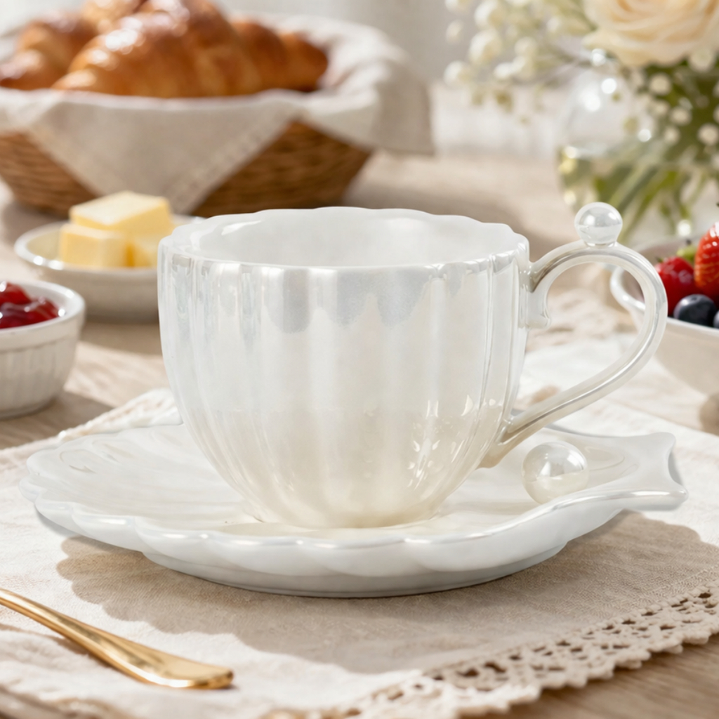 Kit Xícara com Pires Concha Perolado – Porcelana Luxo com Colher Dourada