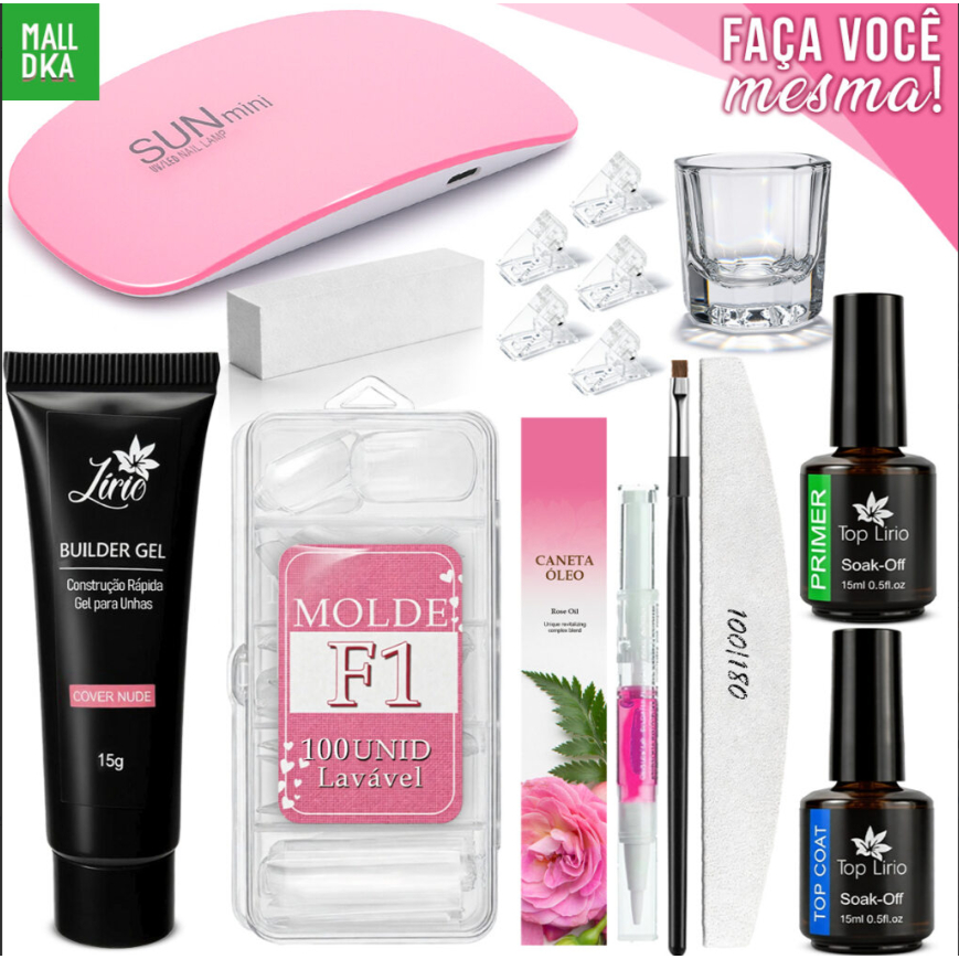 Kit Polygel(11 ITENS) Alongamento De Unha + Molde F1 + Lixa + Top Coat + Primer + Cabine Sun Mini  Poligel Alongamento