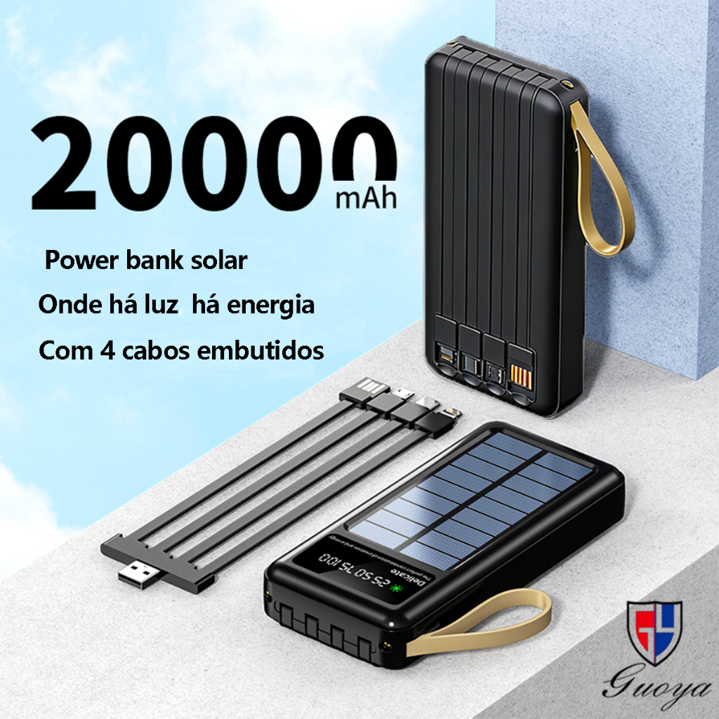 Carregador Portátil 5 Em1 Power Bank Solar 20.000mah Com Cabos LED lanterna