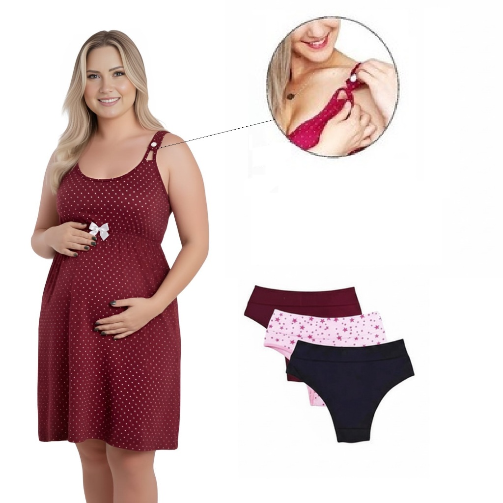 Kit Maternidade Camisola + 3 Calcinhas De Algodão Pós Parto