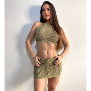 Conjunto Feminino Saia e Top de Crochê Tricot Premium, Saída de Praia, Tecido Tricô em Oferta na Shopee