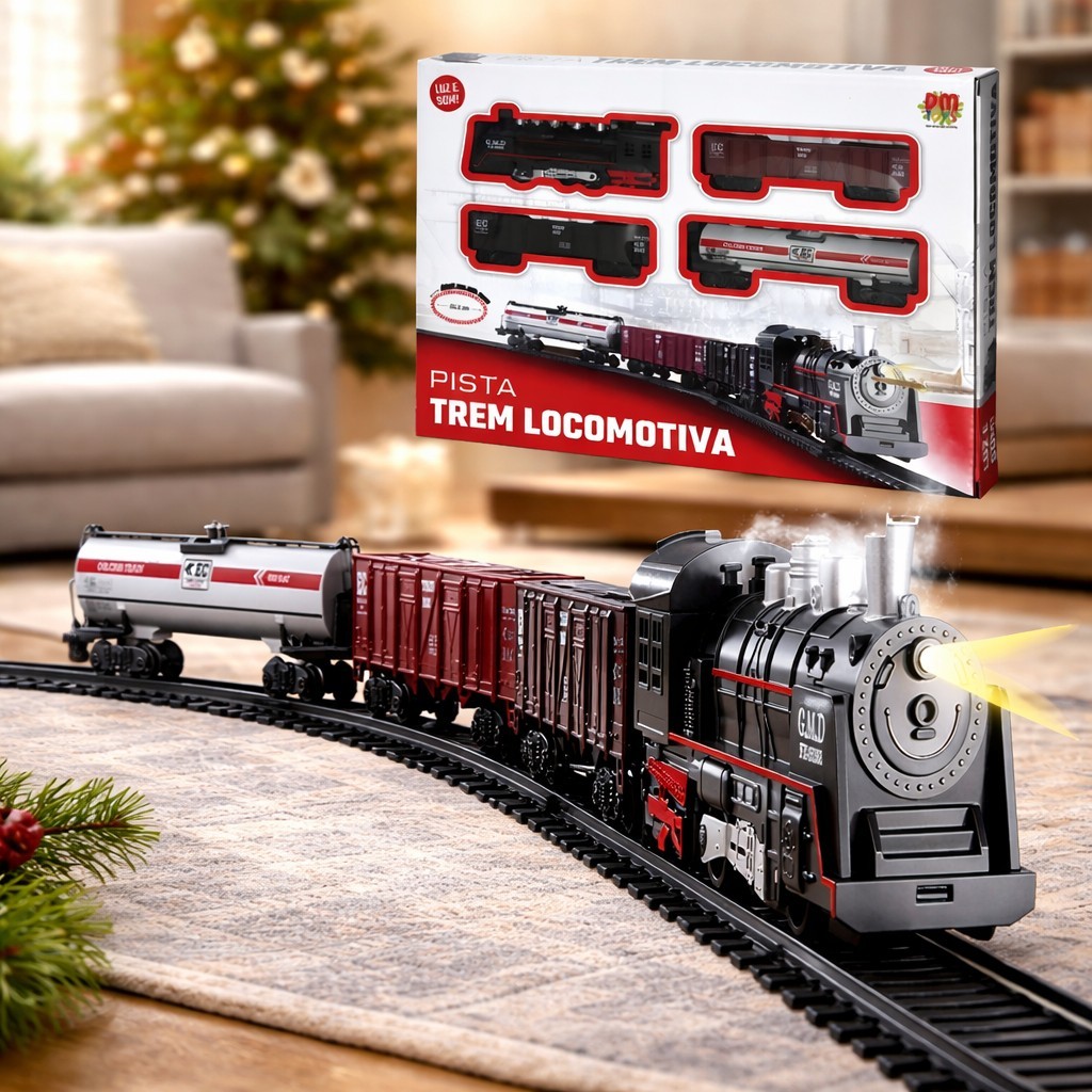 Trem Locomotiva Infantil Luz E Som Pista 85cm Brinquedo Trem Completo