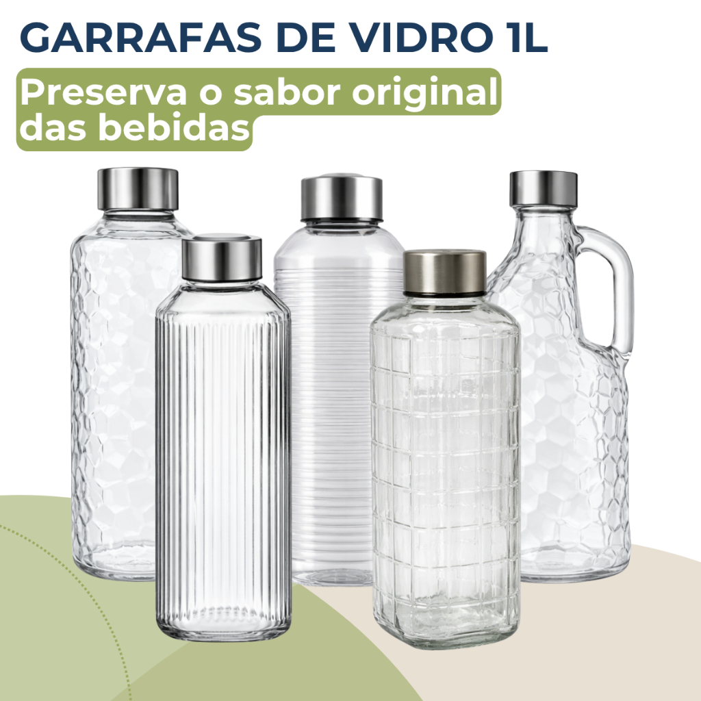 Garrafa de Vidro 1 Litro Tampa Inox Água Suco Geladeira