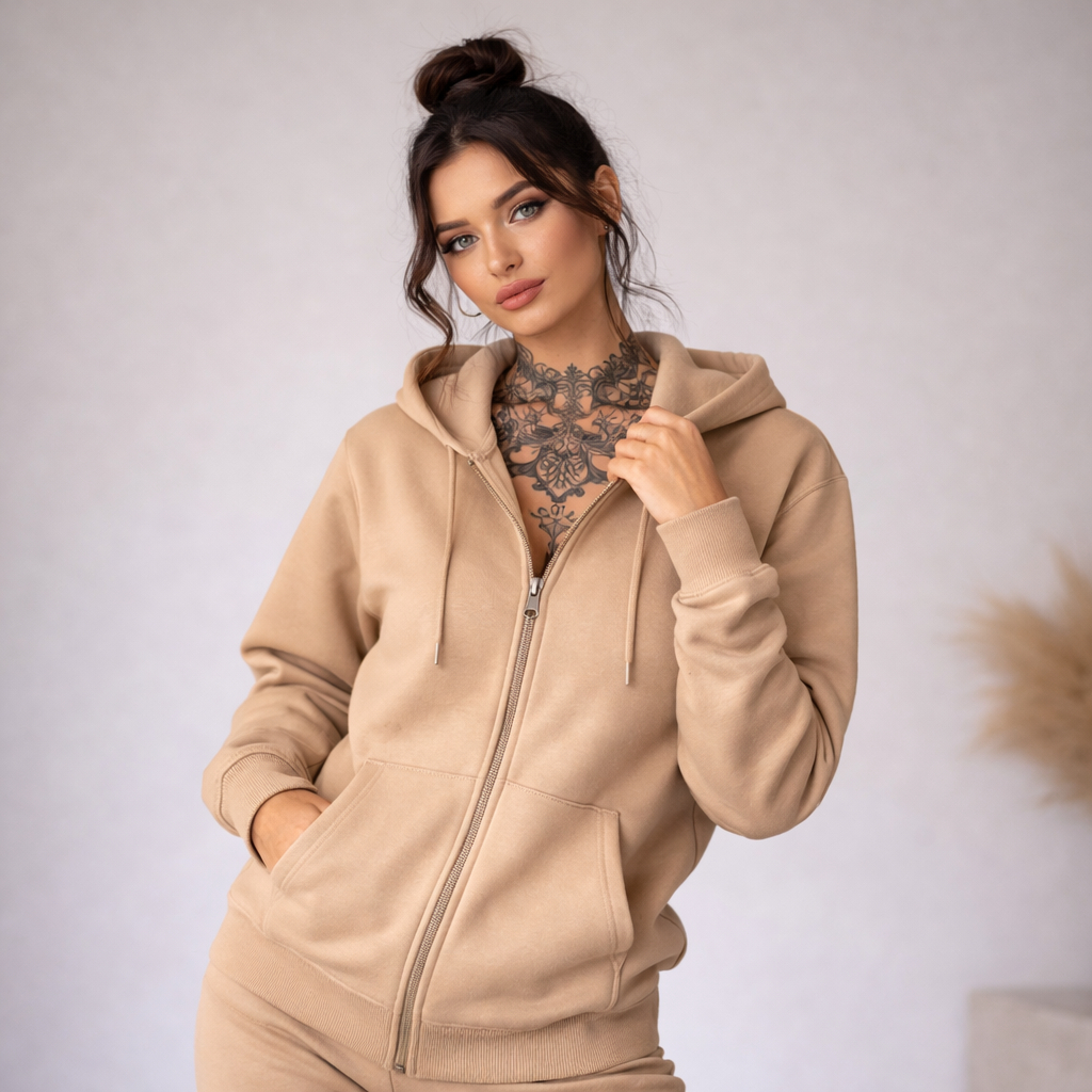 Jaqueta Moletom Feminina Blusa Zíper com Capuz Bolso Canguru Flanelado Casaco Agasalho