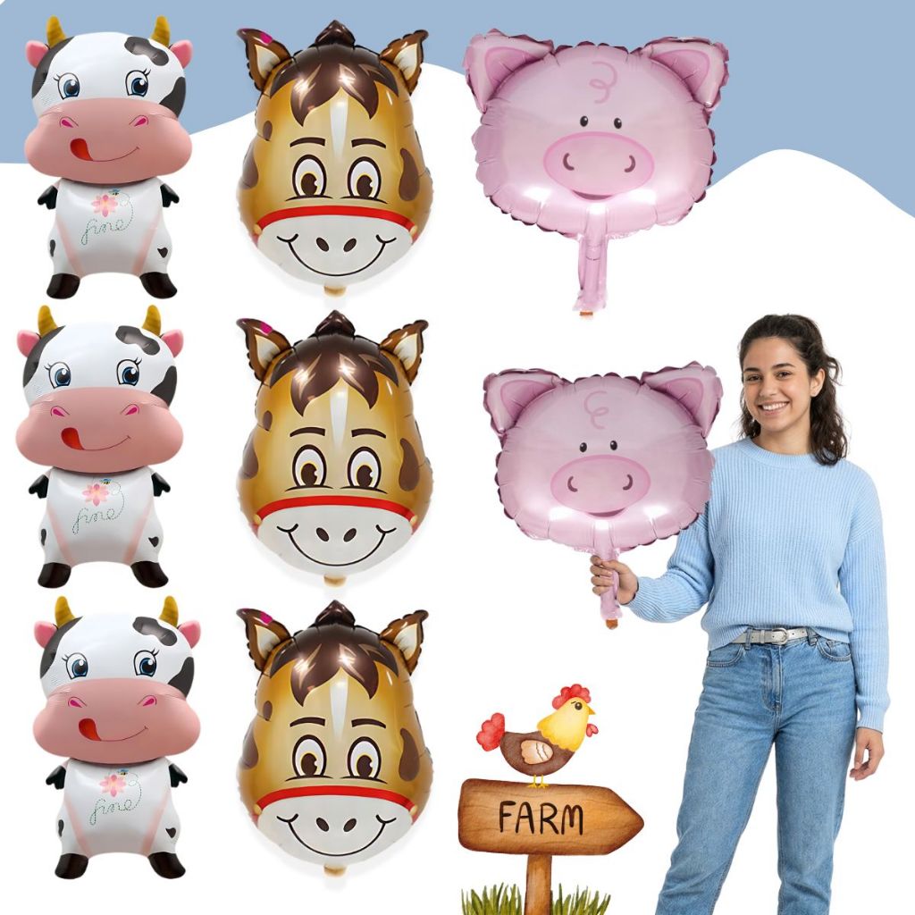 Kit Balão Animais Fazendinha Metalizado Centro de Mesa Porquinho/Vaquinha Cavalo Premium