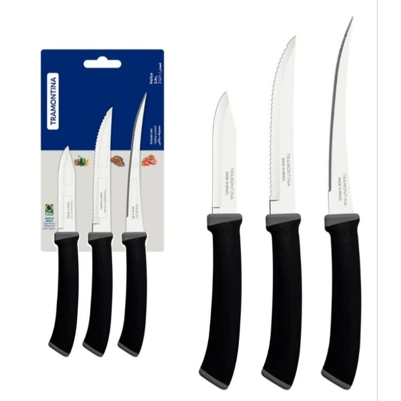 🗡️ Jogo de Facas Tramontina felice 3 Peças – Preto | Aço Inox, Cabos Ergonômicos, Ideal para Carnes, Frutas e Legumes