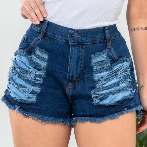 Short Jeans Feminino Cintura Alta Levanta Bumbum Detalhes Destroyed Botão Azul Lavagem Escura