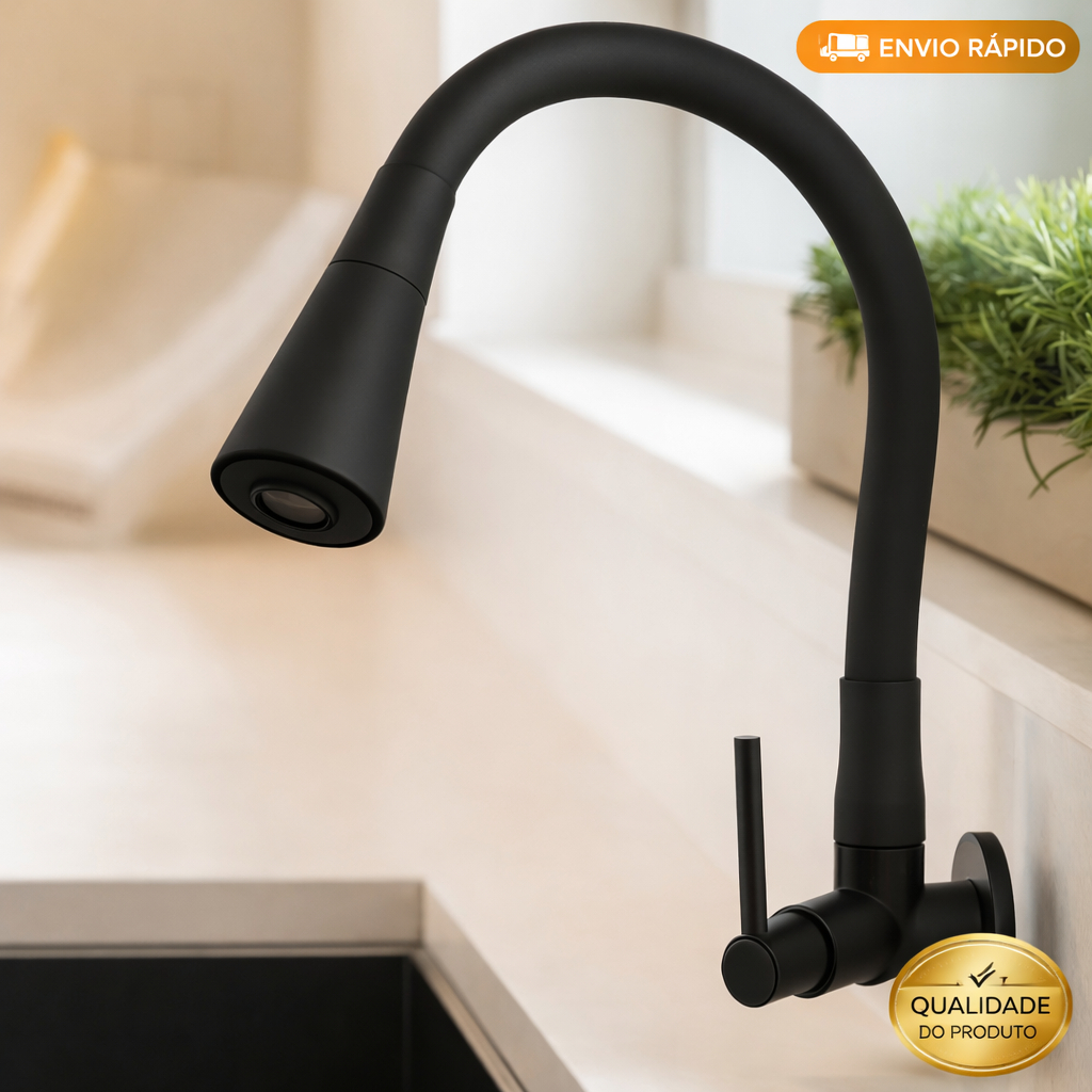 Torneira Cozinha FLEXÍVEL PRETO FOSCO Parede Luxuosa Design Lavatório Resistente