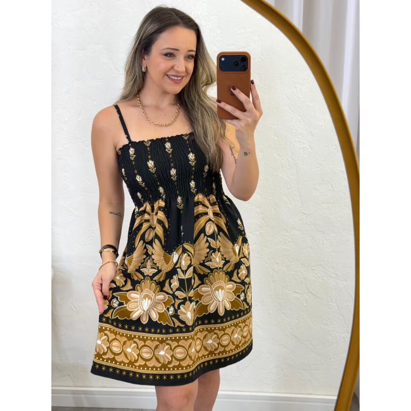 Vestido Feminino Curto Estampado Com Alça De Regulagem e Elastex