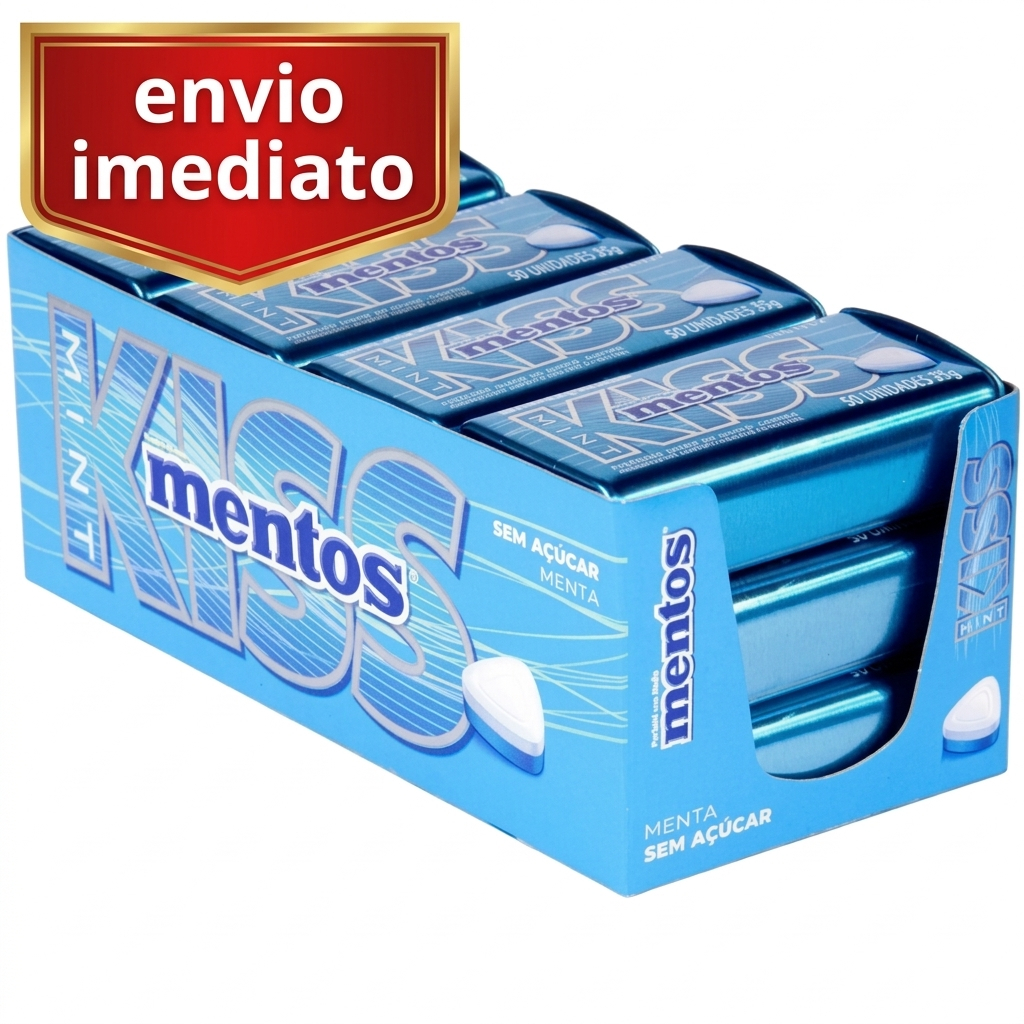 Bala Pastilha Caixa Mentos Kiss Sabor Menta Fechada 12 Unidades - Sem Açúcar