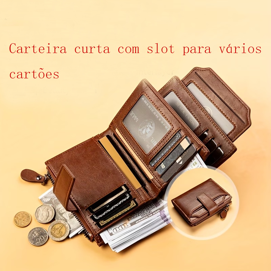 Carteira multifuncional masculina com fivela com zíper e vários cartões