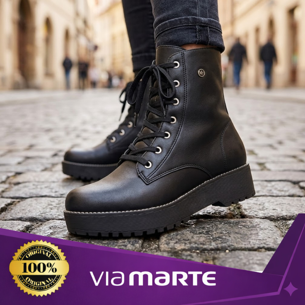Bota Via Marte Feminina Coturno Militar Plataforma Tratorada Cano Médio Macia Confortável Original