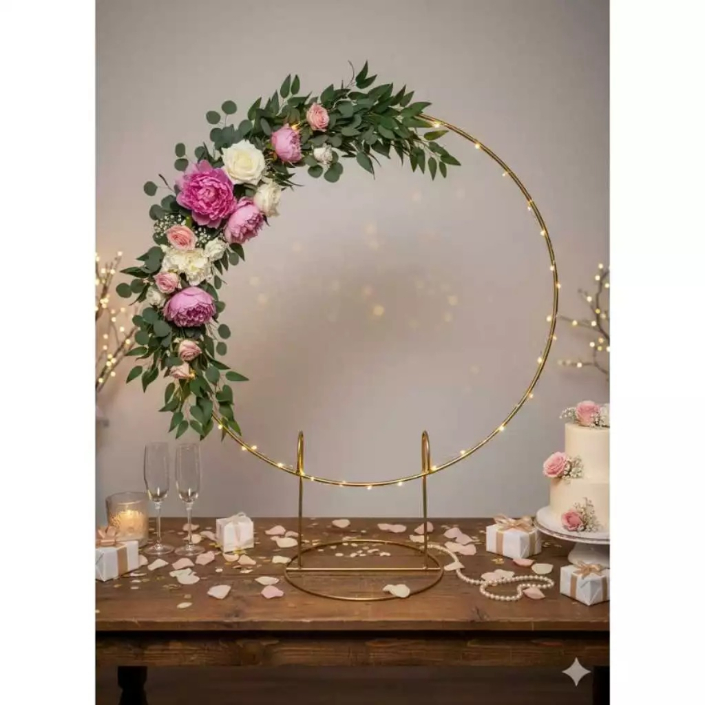 Mini Arco Painel Redondo 50x60cm Dourado Suporte Mesa Decoração Festa Painel para Balões