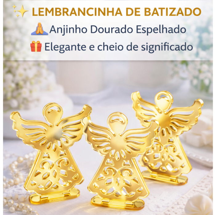 Lembrancinha Anjinho Dourado Acrílico Espelhado Batizado, Primeira Comunhão Presente Religioso