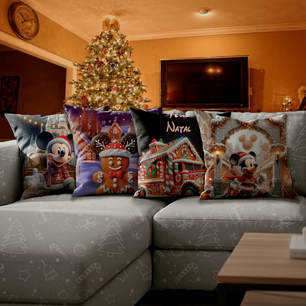 Kit 4 Capa Almofadas Disney Mickey Mouse Biscoito Carro Feliz Natal Sofá Cama Travesseiro Poltrona